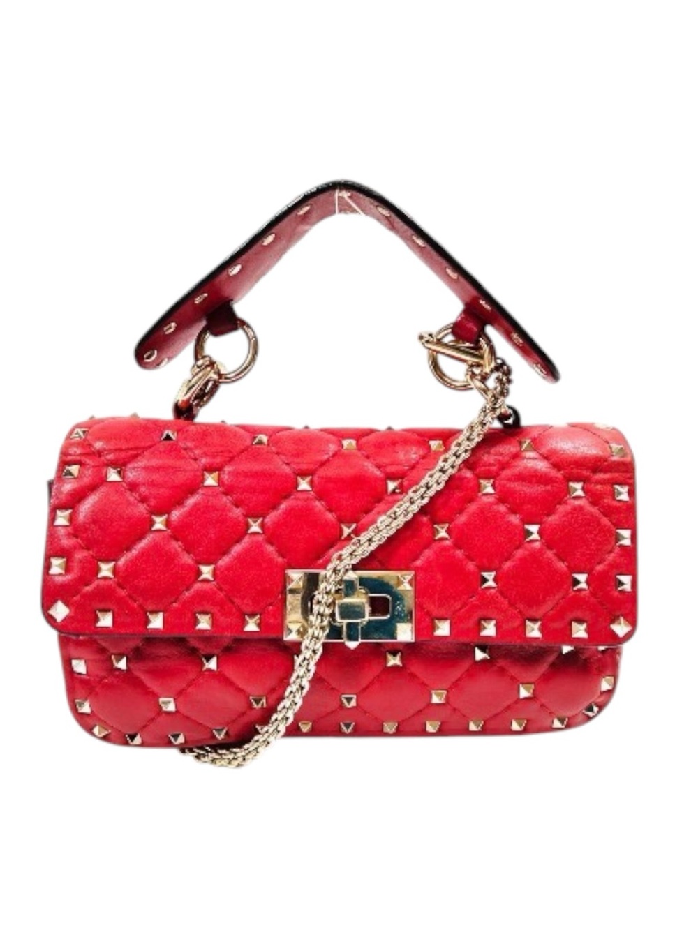 Valentino Garavani Red Quilted Spike Rockstud Top Handle Satchel Crossbody Bag